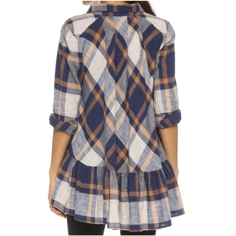 FREE PEOPLE Peppy In Plaid Oversized Button Down Shirt in Blue/Tan - Picture 11 of 12